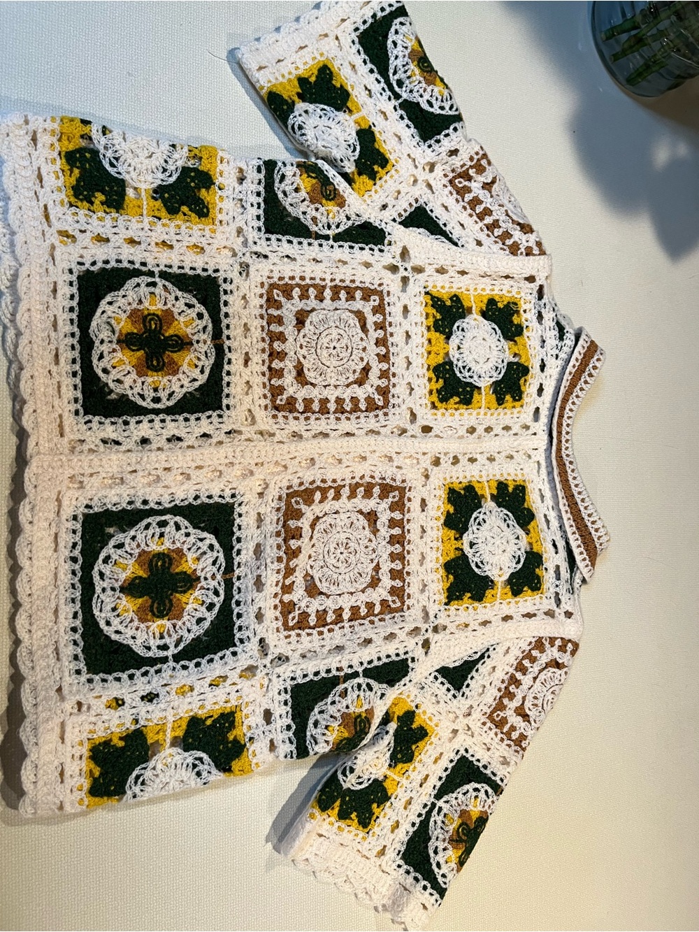 Women's Hand-Crocheted Square Motif Button-Up Top Sz L in White, Green & Brown - Picture 2 of 2